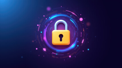 A colorful digital lock with a glowing blue center and abstract design elements around it, symbolizing cybersecurity.