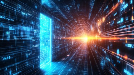 Obraz premium A futuristic door glows in a digital realm, its light beams illuminating a tunnel. This digital gateway evokes visions of cyberspace, the metaverse, and the boundless possibilities of technology. 
