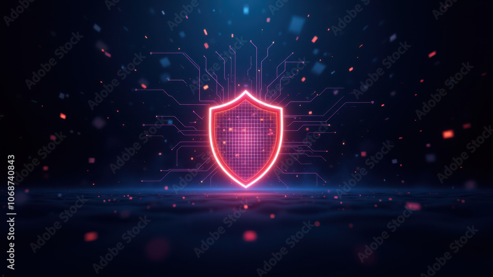 Poster a futuristic digital shield emblem with a glowing aura and abstract circuit-like patterns.
