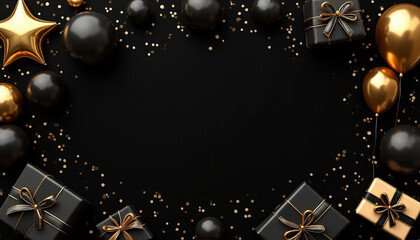 Celebrate special moments with ai-generated black and gold party decor featuring balloons and gifts