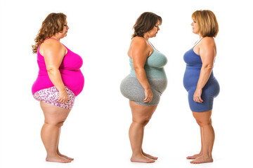 Young woman before and after weight loss side view full length on white background isolated -