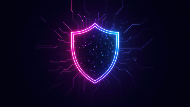 Cybersecurity shield with digital circuitry and vibrant energy flow.