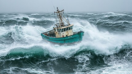 Naklejka premium Struggling Fishing Boat in Stormy Seas
