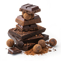 Pieces of dark chocolate bar isolated on white,Chocolate thins with white cream filling isolated on white