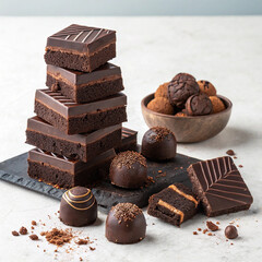 Pieces of dark chocolate bar isolated on white,Chocolate thins with white cream filling isolated on white