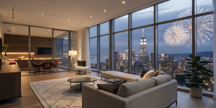 luxury modern apartment home with New Year's fireworks display outside the glass windows, Scandinavian design