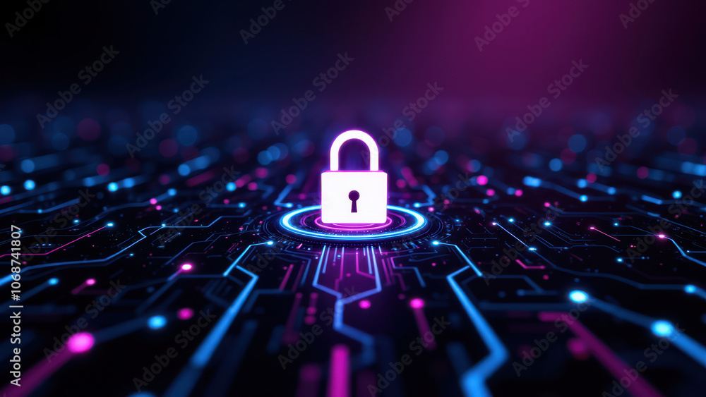 Poster cybersecurity with glowing digital lock on network background.