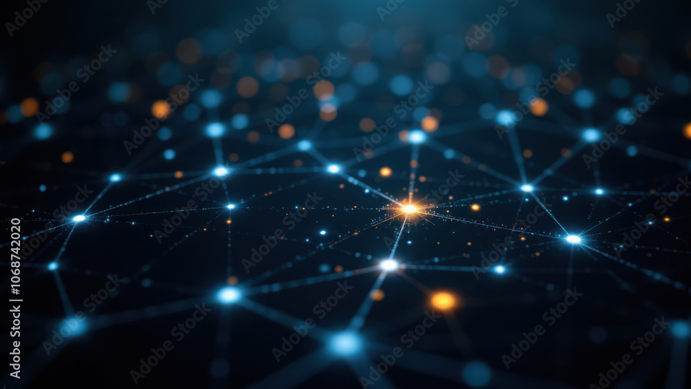 Poster a digital graphic depicting interconnected nodes representing a network or cyber security infrastruc
