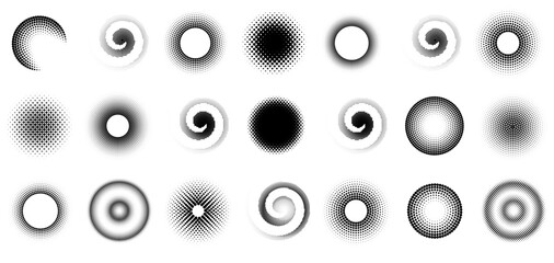 Set of halftone monochrome circles. Vector illustration.