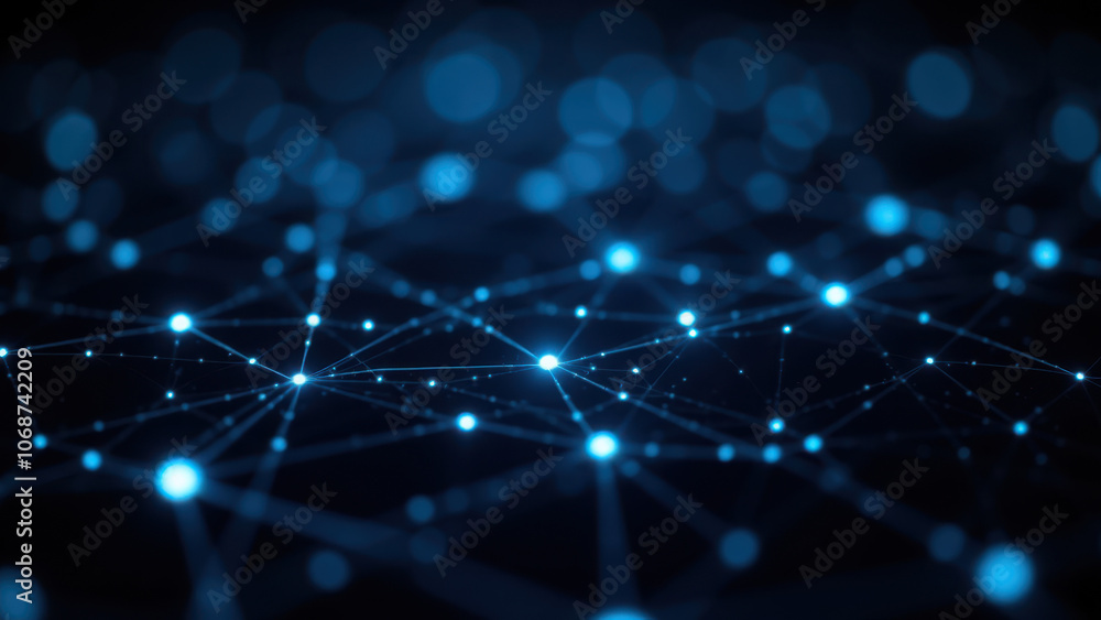 Poster cybersecurity network with blue nodes and dark background.