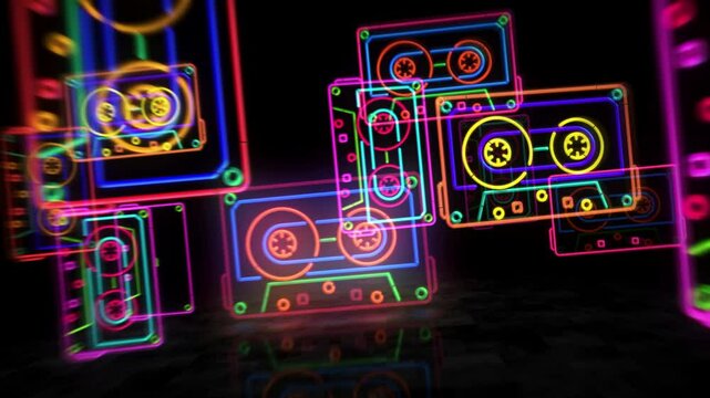 Tape retro music neon symbol. Light color bulbs. Vintage 80s analog audio cassette abstract seamless and loopable concept. 3d flying through the tunnel animation.