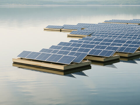 An innovative solar farm floating on the surface of a calm lake, with reflections of the panels, Ai Generate.