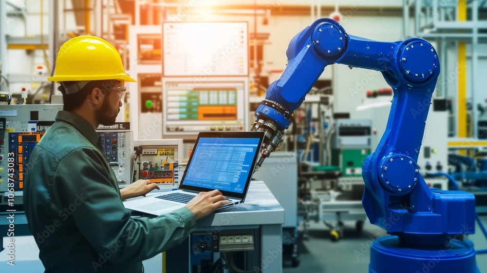 Aufkleber engineer programming automated robotic arm in high tech factory