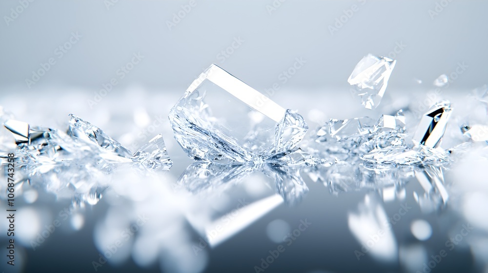 Poster shattered glass chaos - reflections of a fallen cup sharp shards and scattered fragments on a reflec