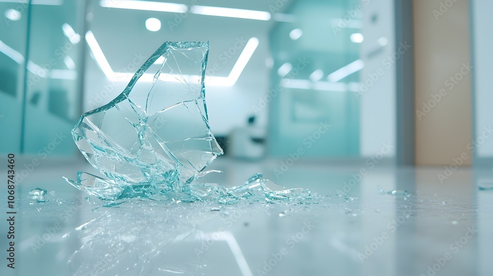 Poster shattered glass chaos - fractured pane with sharp shards and shiny reflections on the ground capturi