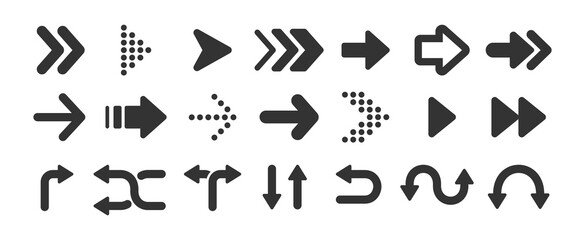 Set of black arrow icons. Various packaging symbols. Motion pointers. Site and player control buttons. Flat style logos. Information pointers. Wayfinding directions. Modern simple vector arrows.