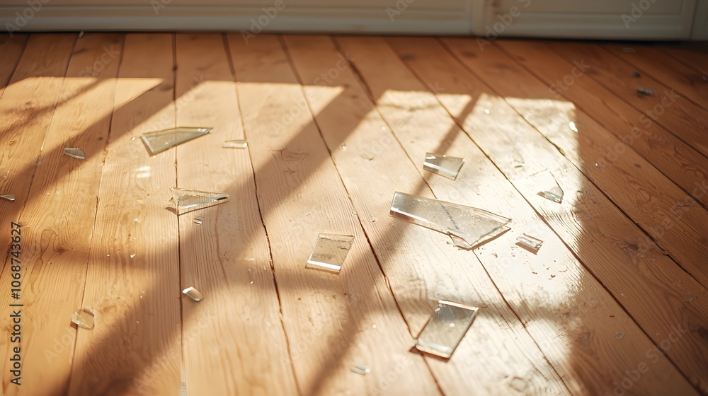 Poster shattered chaos on floor - splintered glass reflections and sharp edges after dramatic fall capturin