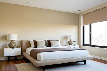 Fototapeta premium Modern beige bedroom with a platform bed and empty wall with copy space.