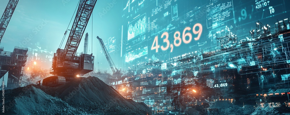 Poster a futuristic digital construction site with holographic data visualizations and interactive displays