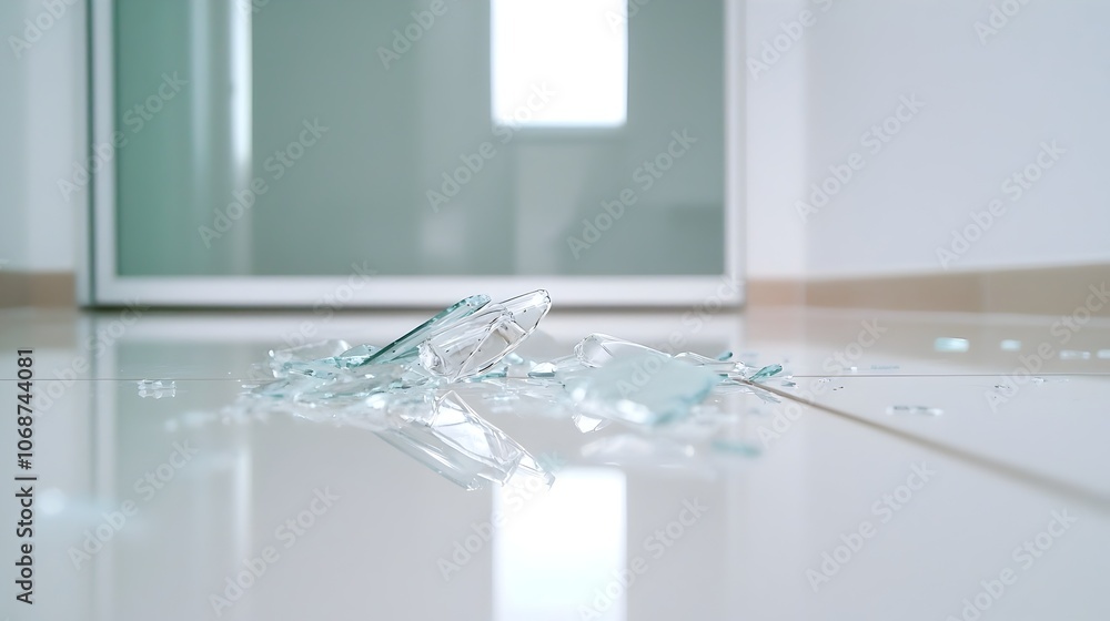 Poster shattered glass chaos - fallen fragments on reflective floor capturing sudden impact and sharp edges
