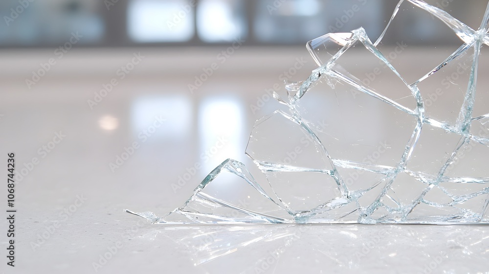 Poster shattered glass chaos - smashed mirror shards with jagged edges and reflective surfaces creating a s