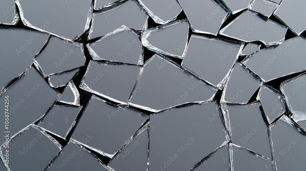 Poster shattered glass chaos - smashed mirror with jagged edges and reflective surface shards from sudden i