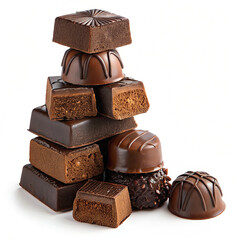 Pieces of dark chocolate bar isolated on white,Chocolate thins with white cream filling isolated on...