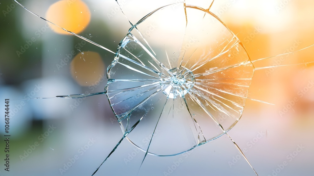 Aufkleber shattered glass chaos - broken window fragments and reflective shards from sudden impact on the grou