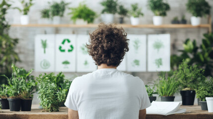 Fototapeta premium A person with curly hair observes plant illustrations in a botanical space filled with greenery, promoting sustainability and nature appreciation.