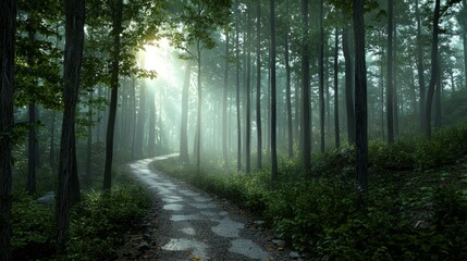 Obraz premium Mysterious path through forest with dappled sunlight and mist, creating an enchanting atmosphere.
