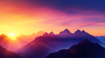 Obraz premium Stunning mountain landscape at sunrise with vibrant colors and dramatic peaks against the sky.