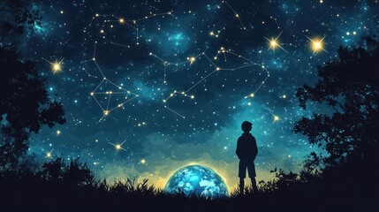 Obraz premium vibrant illustration of a man silhouetted against a starry sky, gazing at zodiac constellations with earth beneath him, blending astrology and celestial wonder in a dreamlike setting