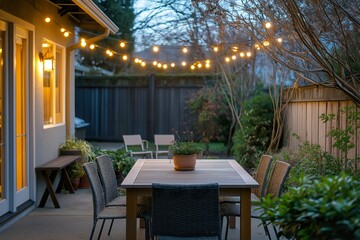 Cozy patio setting with a wooden table and chairs adorned with warm string lights, perfect for evening gatherings in nature