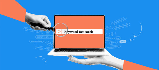 Keyword Search on Laptop Banner Collage. Vintage Halftone Concept for SEO, Advertising, and Online Discovery. Vector Graphic Design.