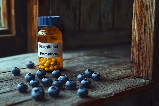 Still life composition featuring a bottle labeled Pterostilbene alongside fresh blueberries on a rustic wooden surface
