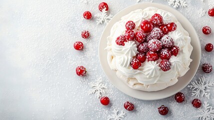 Classic Christmas Pavlova topped with whipped cream and red berries on a soft winter white background with subtle snowflake patterns