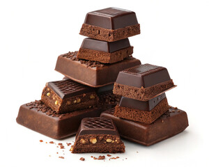 Pieces of dark chocolate bar isolated on white,Chocolate thins with white cream filling isolated on white