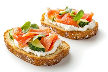 Bruschetta with cream cheese, salmon and vegetables isolated on a white background. Toast isolated. Sandwich isolated. Sandwich with salmon and cheese. High quality photo