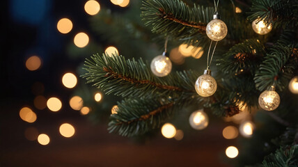 Christmas tree with bokeh lights. Festive background, nice and warm atmosphere, close up, copy space