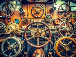 Obraz premium Vintage Steering Wheels: Automobiles, Ships, Bikes & Aircraft