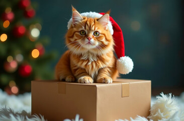 A festive cat with a Santa hat is nestled in a box, surrounded by twinkling lights and holiday decorations