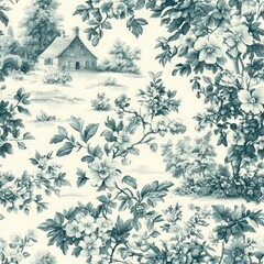 Delicate French Toile Pattern with Floral Motifs