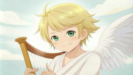 Obraz premium A Smiling Angel Boy with Blonde Hair and Green Eyes Plays a Harp