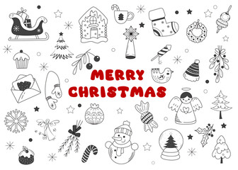 A doodle drawing with a Christmas theme. Hand drawn set of Merry Christmas doodles with red lettering in vector. Cute Christmas illustrations. Vector illustration