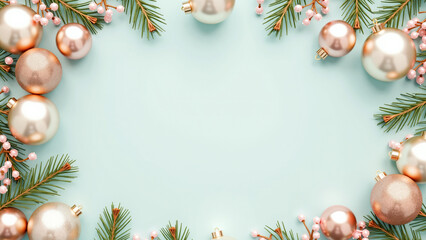 Christmas-themed frame featuring evergreen branches adorned with pastel color ornaments and green backdrop. Ample copy space perfect for holiday greetings or festive messages
