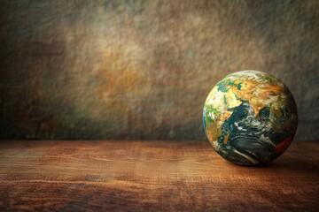 A colorful globe sits on a rustic wooden table, symbolizing global connection and exploration