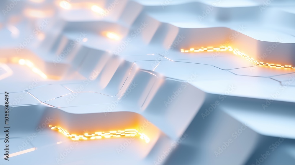 Poster abstract close-up of a futuristic surface with glowing lines in a geometric pattern, showcasing inno