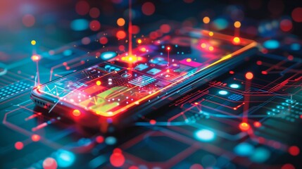 Obraz premium A smartphone rests on a colorful circuit board, showcasing advanced technology trends and designs