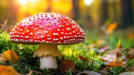 Vibrant Red Mushroom in Autumn Forest Setting