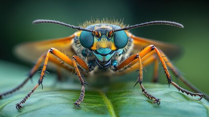 Fototapeta premium A close-up portrait of a colorful wasp with vibrant blue eyes, perched on a green leaf.